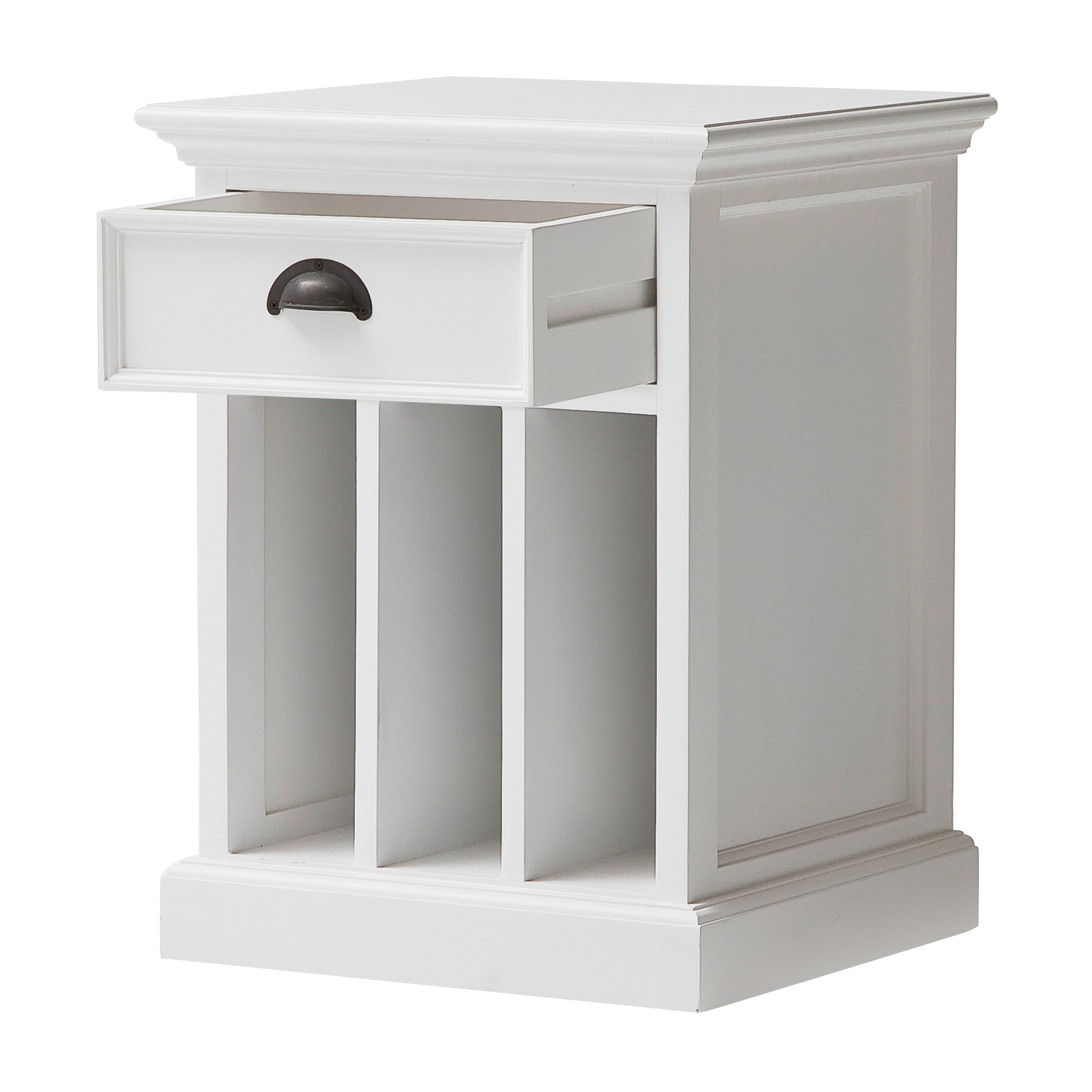 Slightly angled front view of a white timber bedside table with dividers, 1 drawer, which is open, and antique brass hardware.