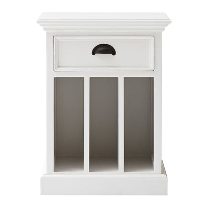 Font view of a white timber bedside table with dividers, 1 drawer and antique brass hardware.