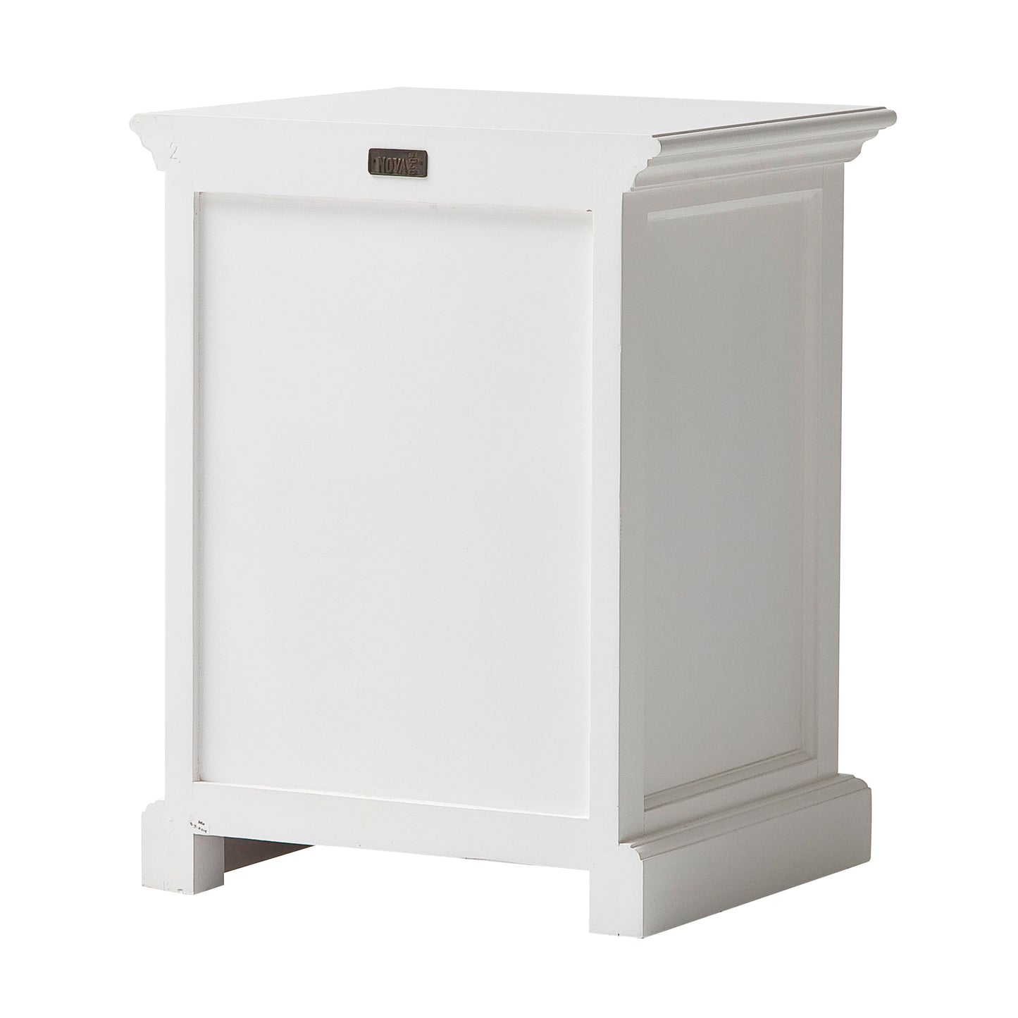Slightly angled rear view of a white timber bedside table.