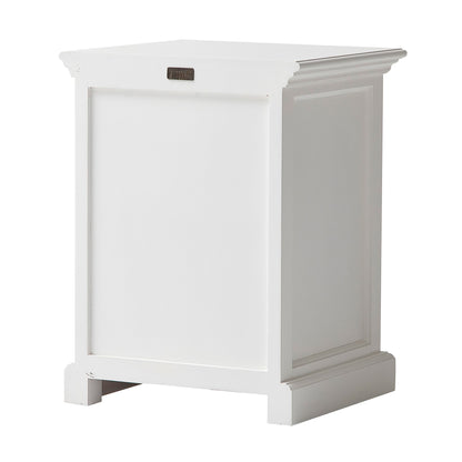 Slightly angled rear view of a white timber bedside table.