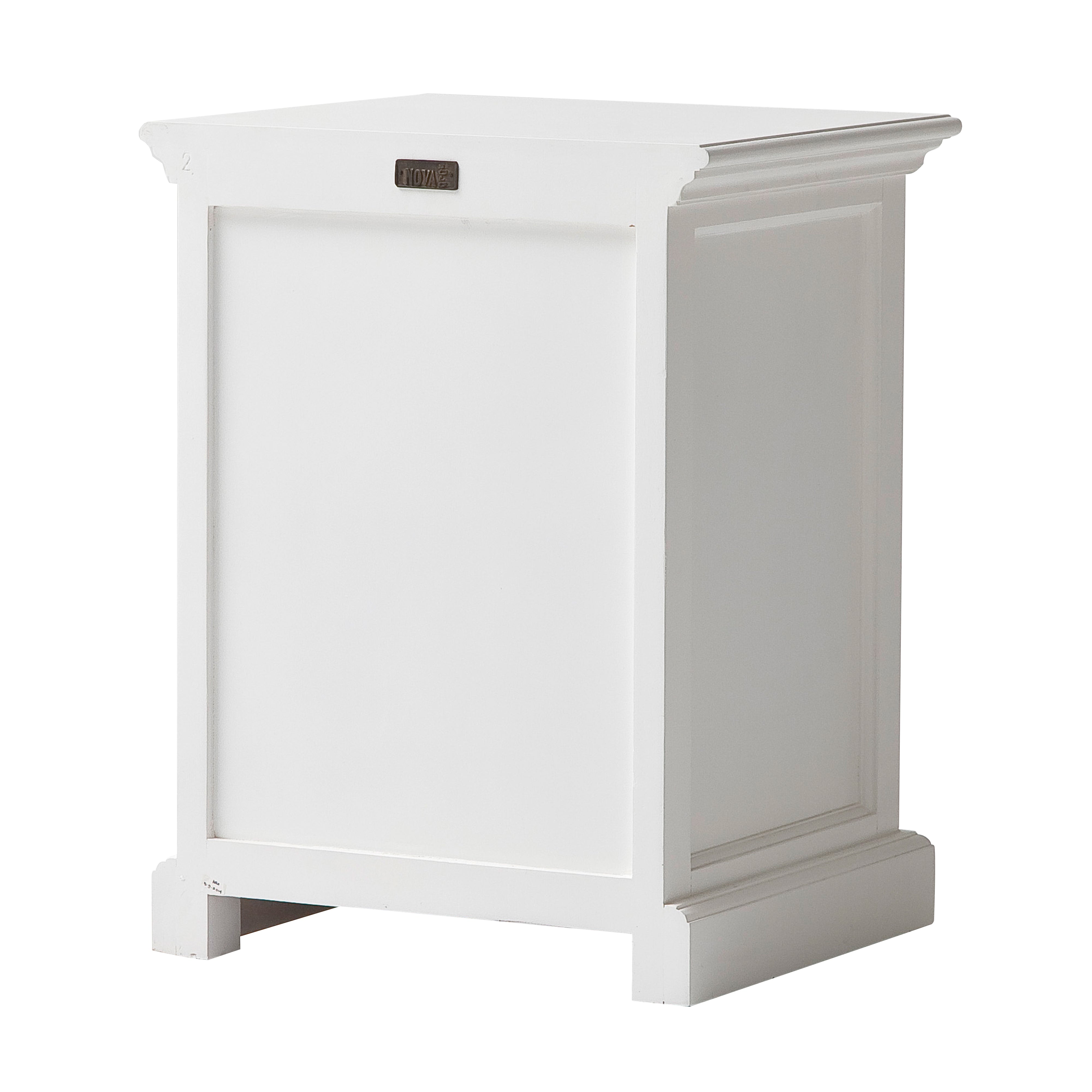 Slightly angled rear view of a white timber bedside table.