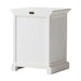 Slightly angled rear view of a white timber bedside table.