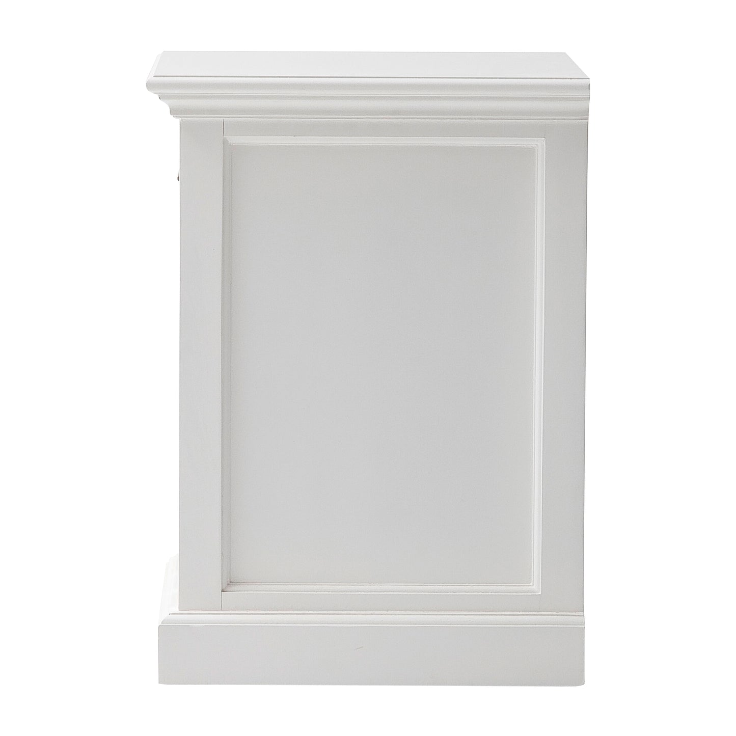 Side view of a white timber bedside table.