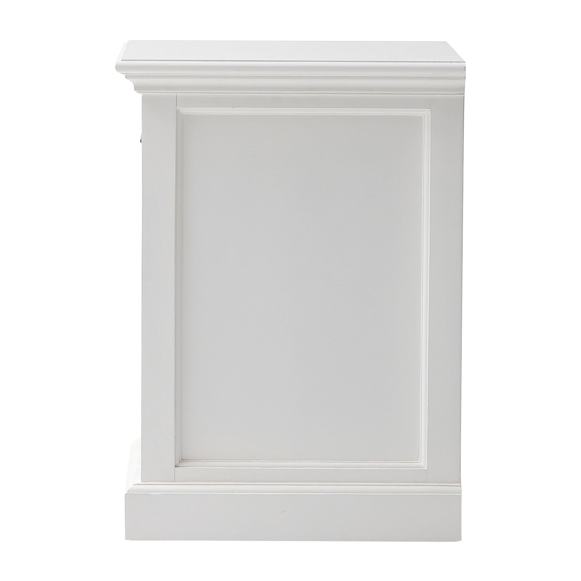 Side view of a white timber bedside table.