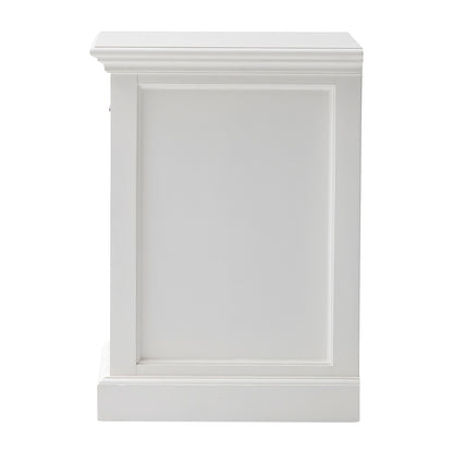 Side view of a white timber bedside table.