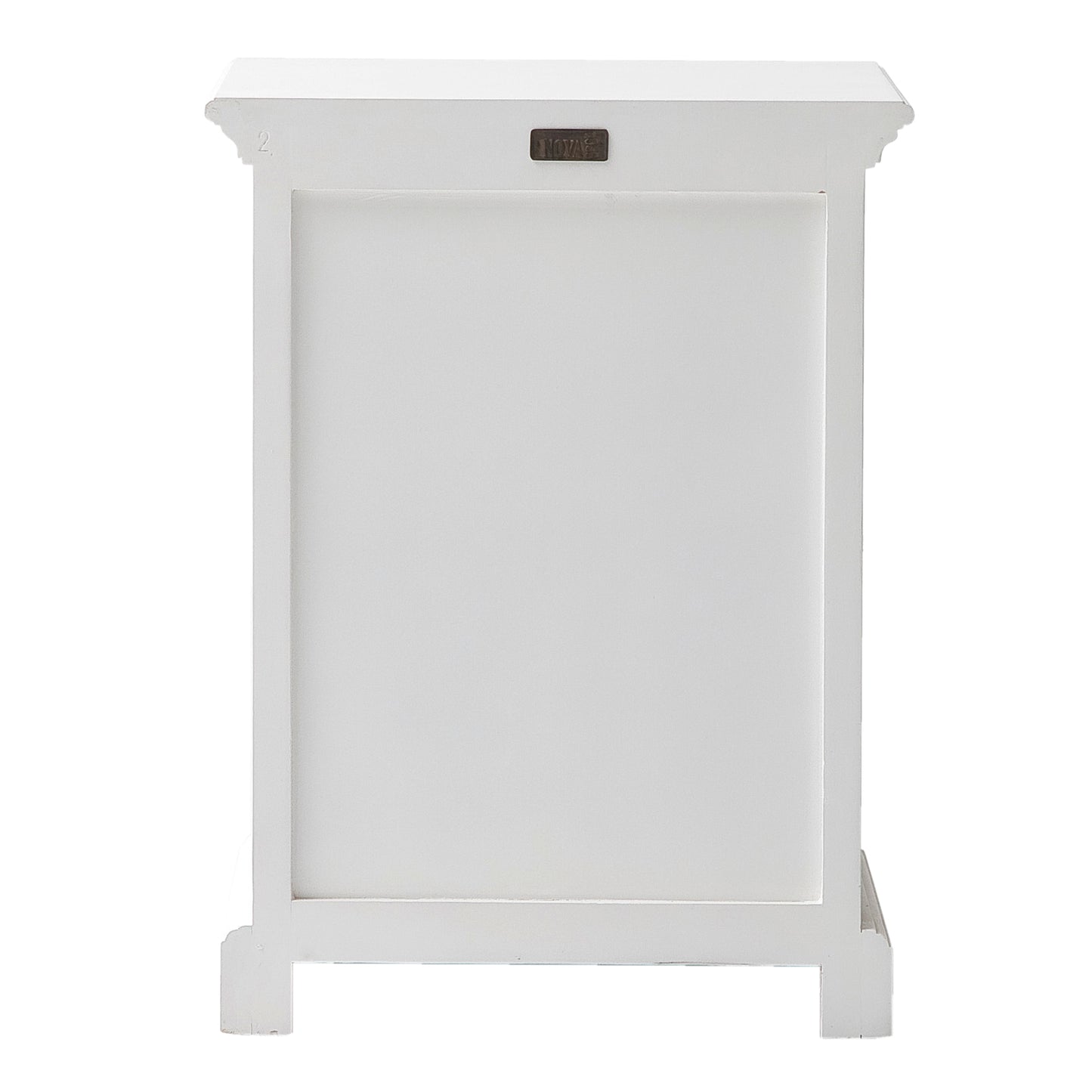 Rear view of a white timber bedside table.