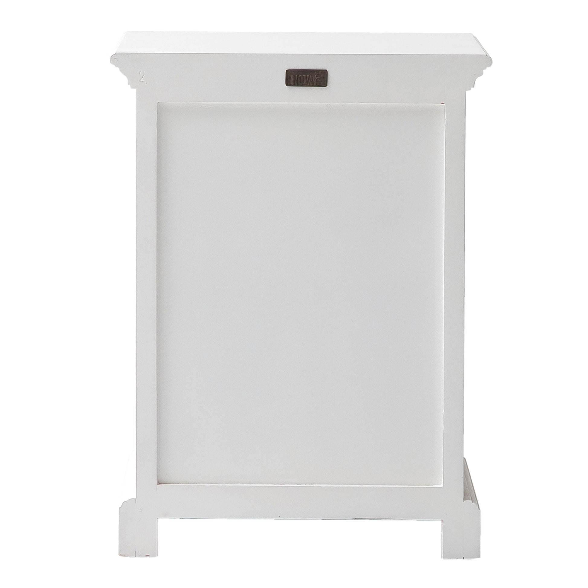 Rear view of a white timber bedside table.