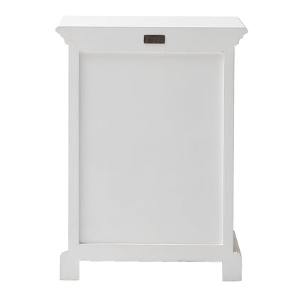 Rear view of a white timber bedside table.