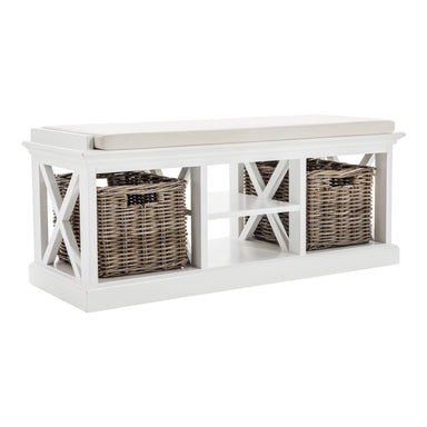 Slightly angled front view of a white timber bench with cushion and 2 basket set.