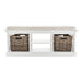 Front view of a white timber bench with cushion and 2 basket set.