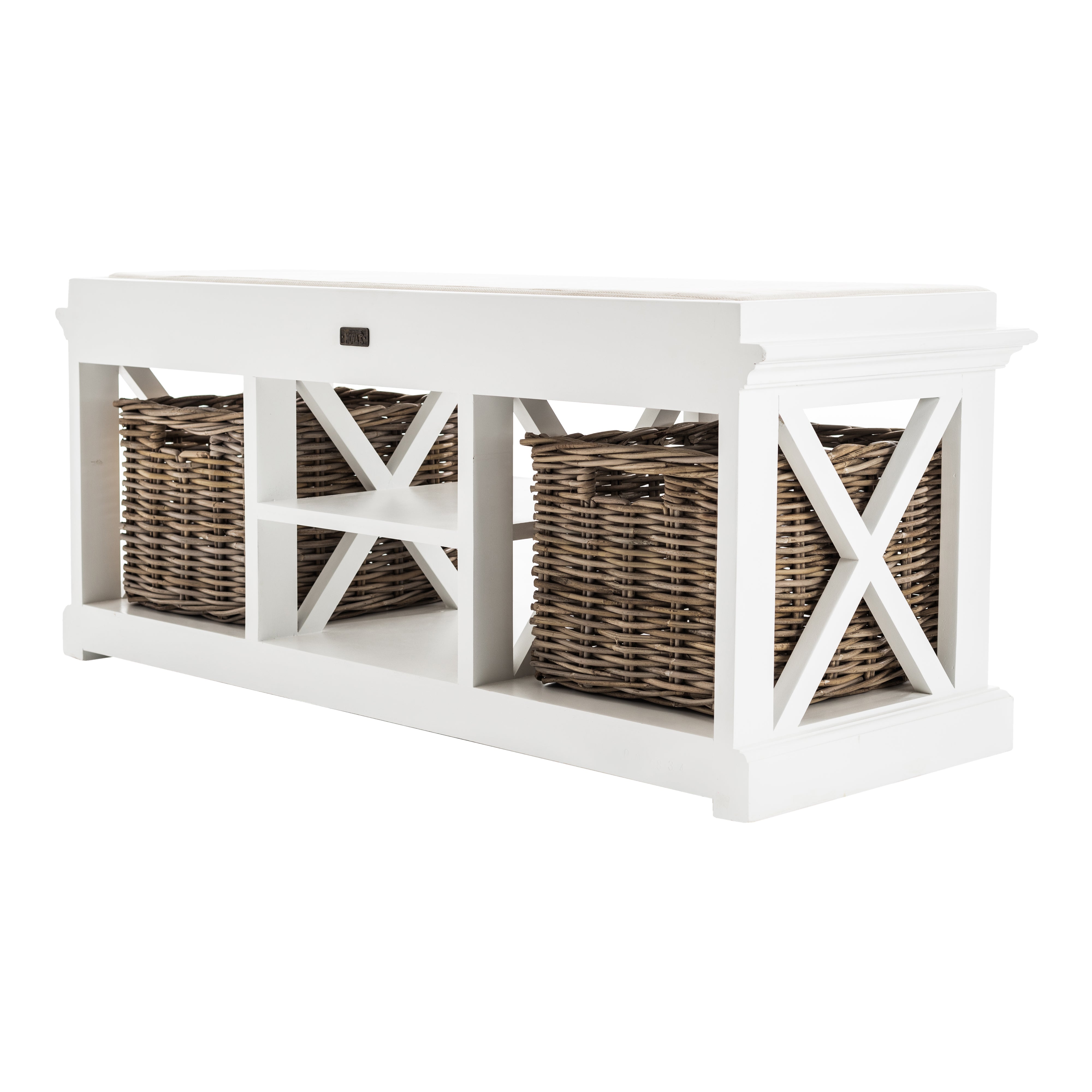 Slightly angled rear view of a white timber bench with cushion and 2 basket set.