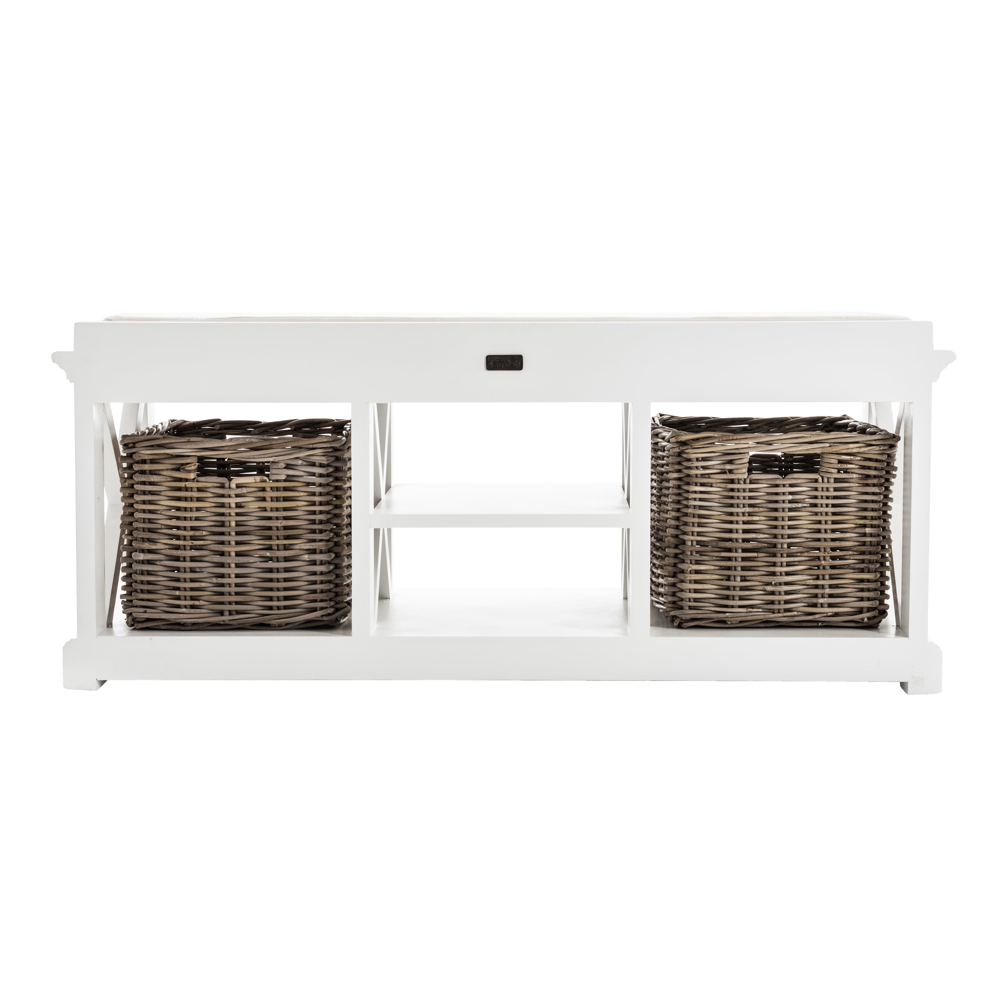 Rear view of a white timber bench with cushion and 2 basket set.