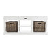 Rear view of a white timber bench with cushion and 2 basket set.