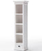 Slightly angled front view of a white wooden bookshelf with 4 shelves and 1 drawer with antique brass hardware.