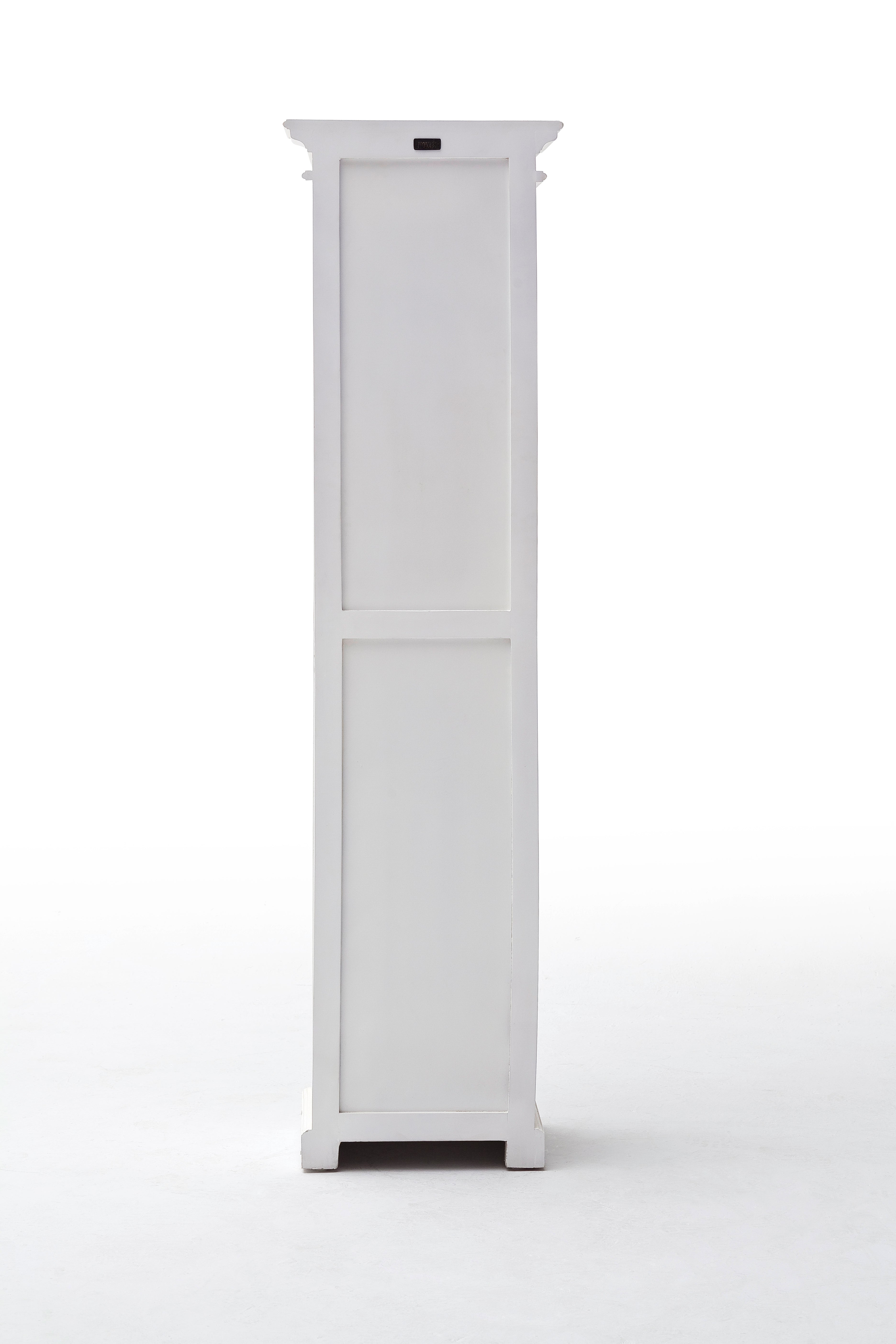 Rear view of a white wooden bookshelf with 4 shelves and 1 drawer with antique brass hardware.