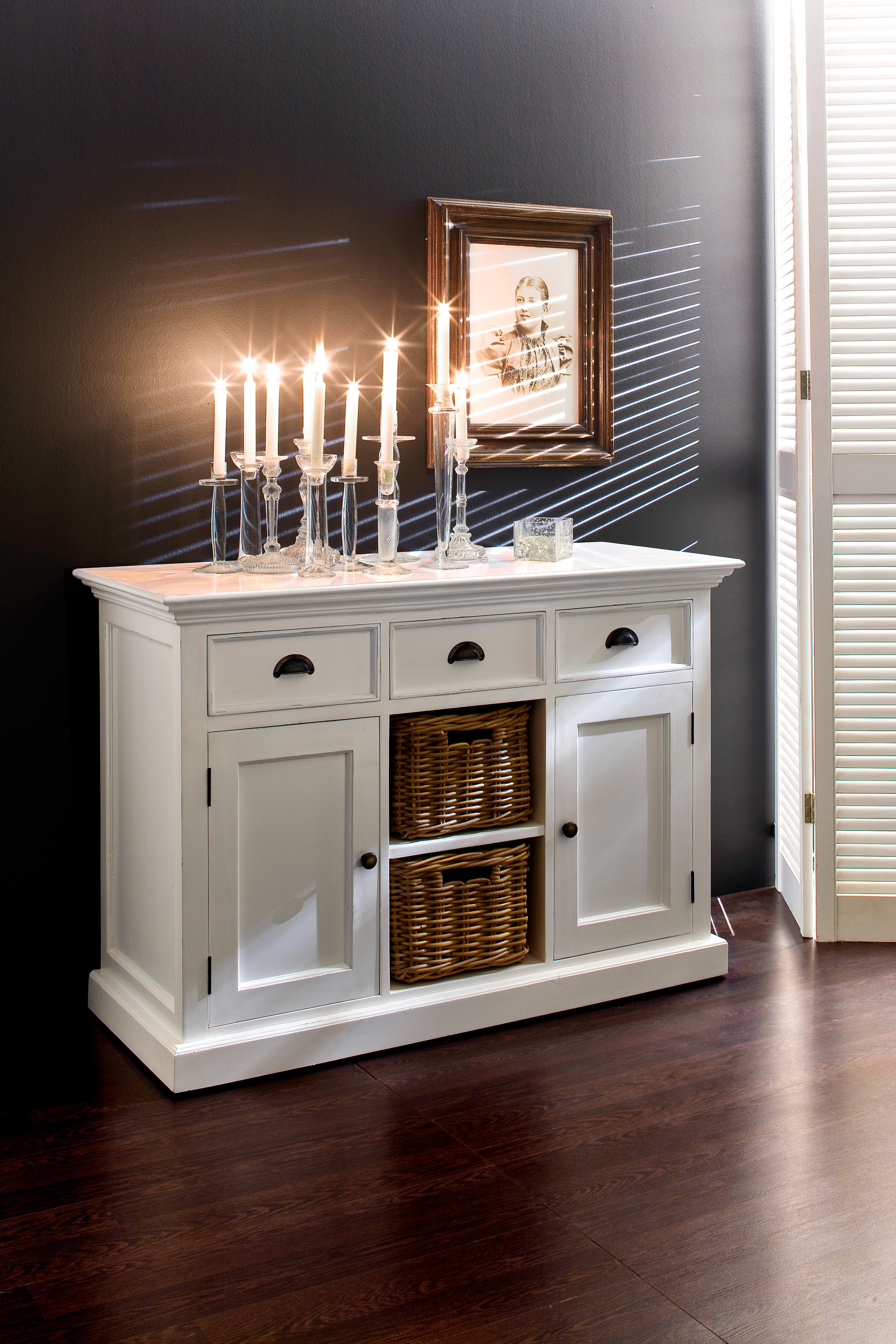 NovaSolo Halifax white wooden buffet with 2 baskets, 2 doors and 3 drawers with antique brass hardware