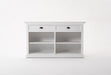 NovaSolo Halifax white wooden buffet with 4 shelves and 2 drawers with antique brass hardware