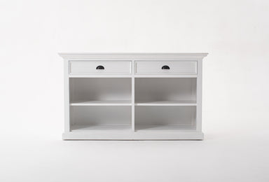 NovaSolo Halifax white wooden buffet with 4 shelves and 2 drawers with antique brass hardware