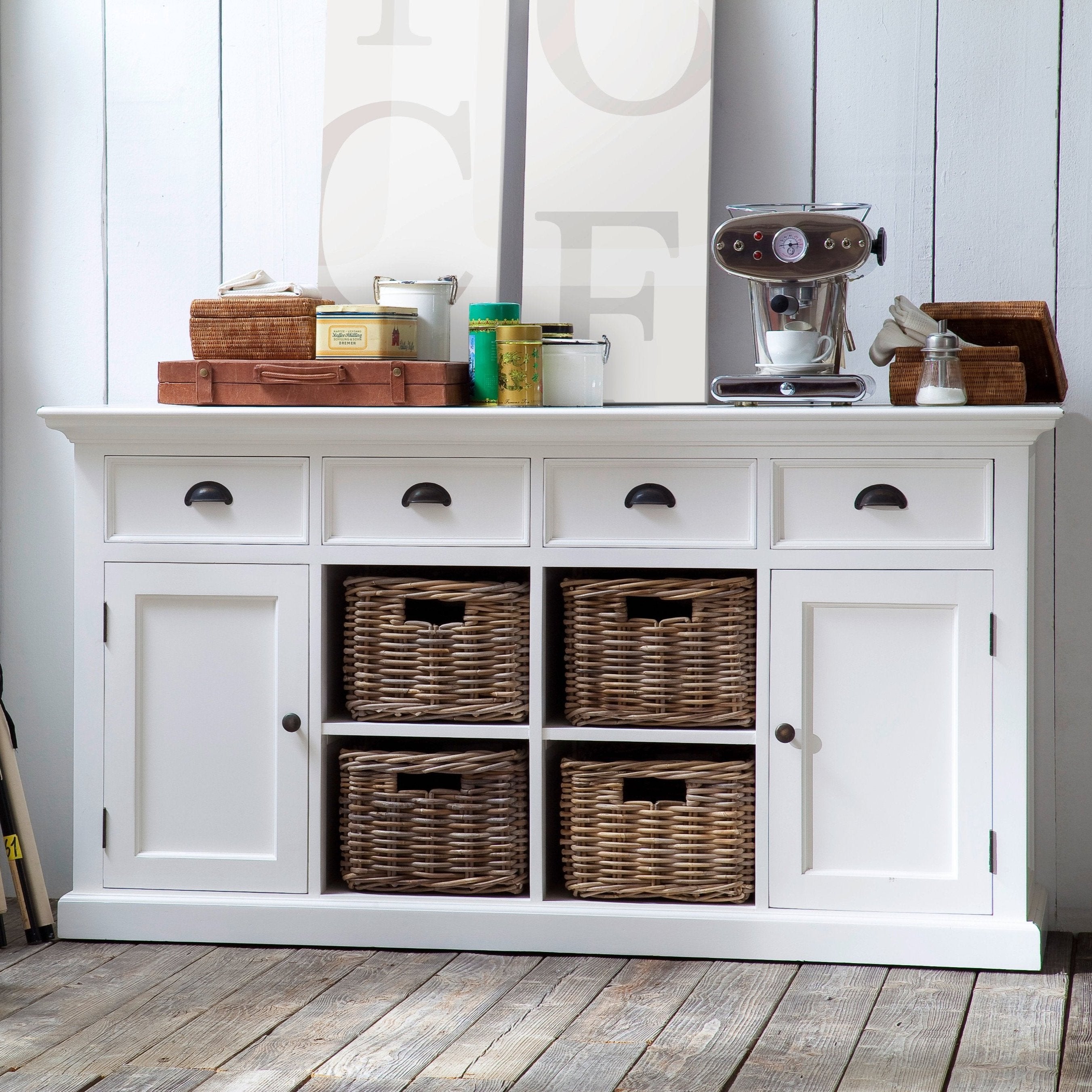 NovaSolo Halifax white wooden buffet with 4 baskets, 2 doors and 4 drawers with antique brass hardware