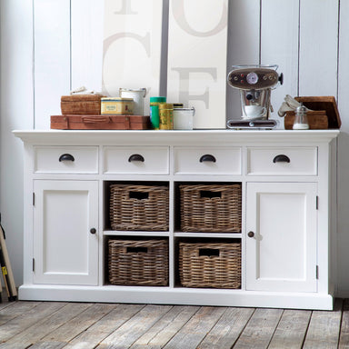 NovaSolo Halifax white wooden buffet with 4 baskets, 2 doors and 4 drawers with antique brass hardware