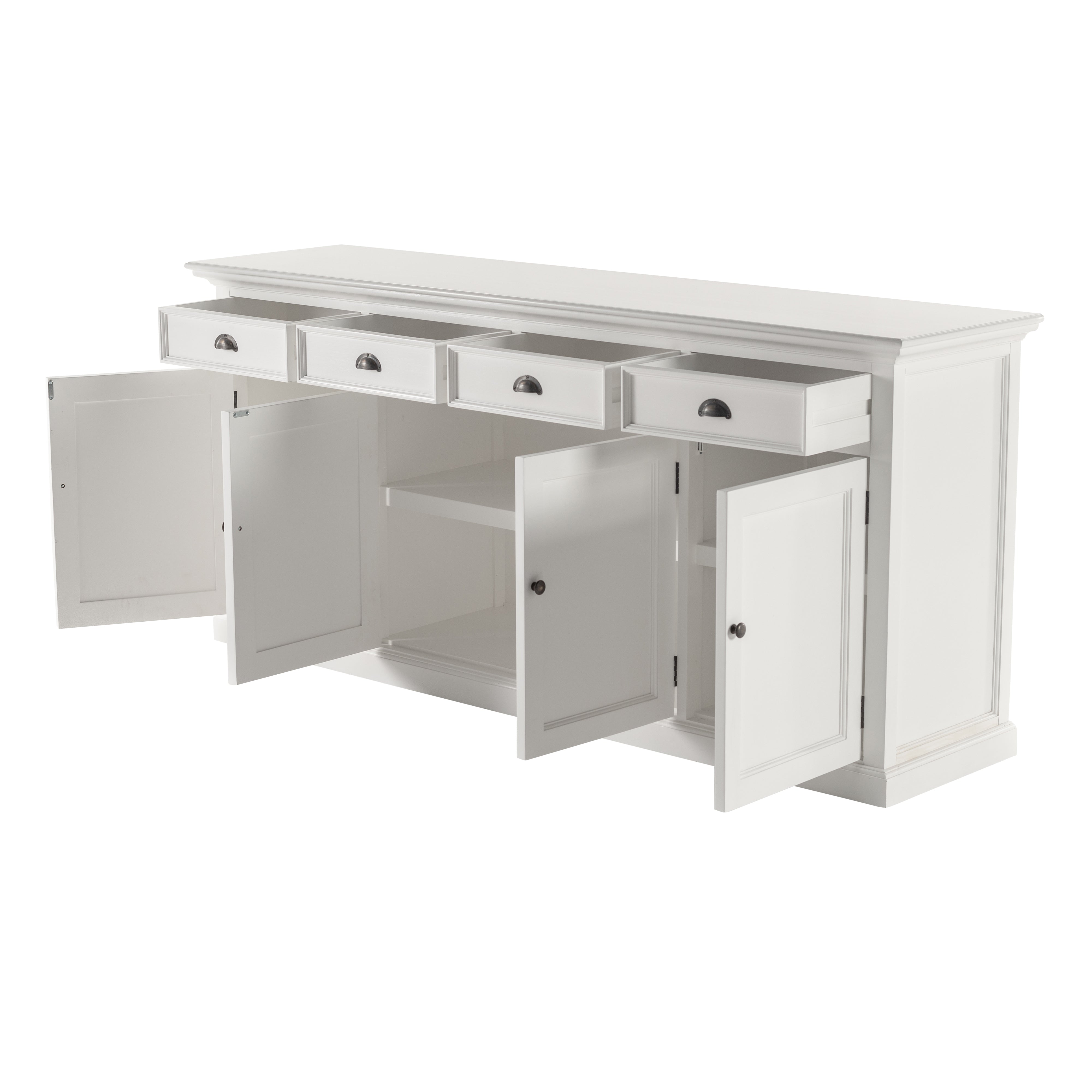 Slightly angled front view of a white wooden buffet with 4 doors and 4 drawers, all of which are open, with antique brass hardware.