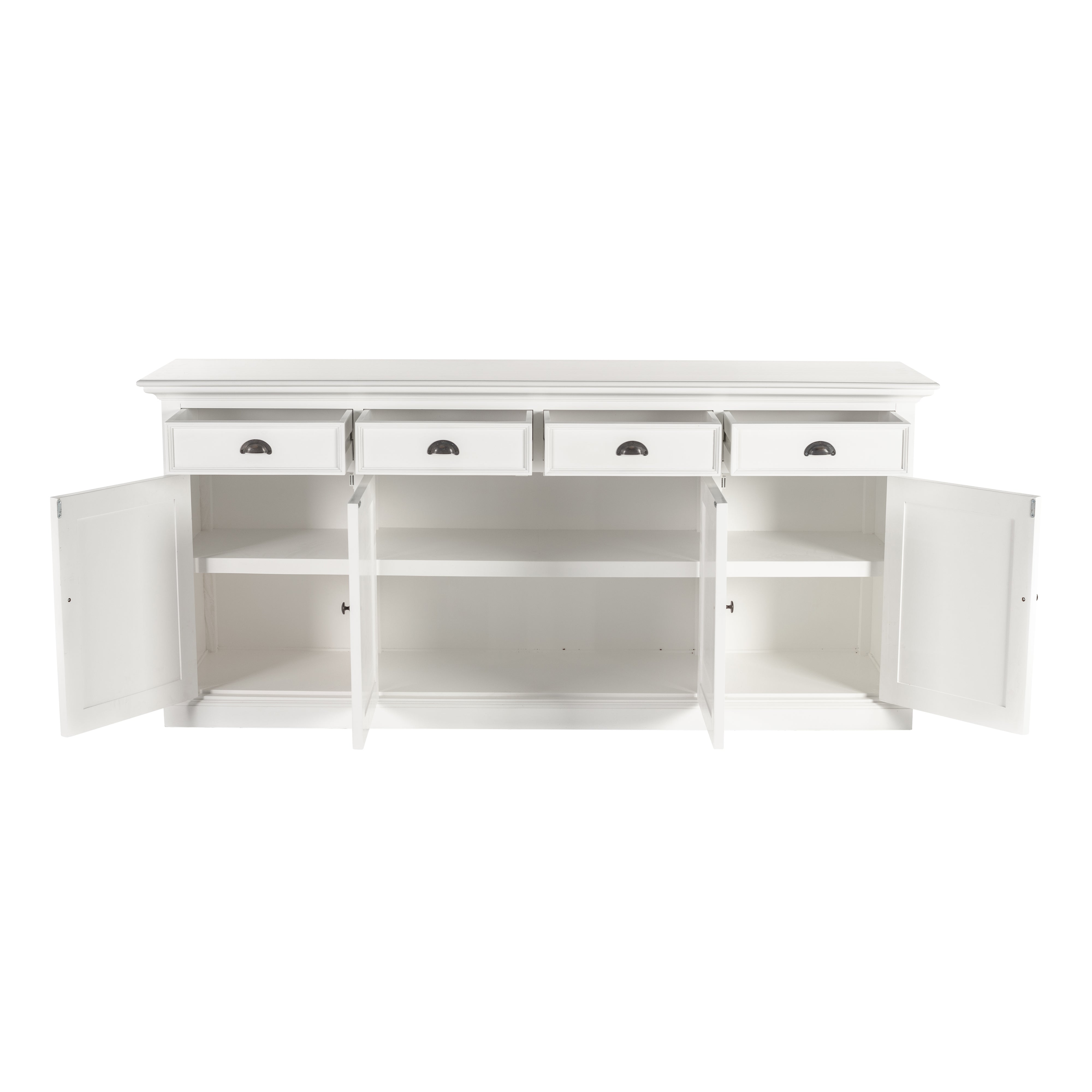 Front view of a white wooden buffet with 4 doors and 4 drawers, all of which are open, with antique brass hardware.