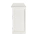 Side view of a white wooden buffet with 4 doors and 4 drawers with antique brass hardware.