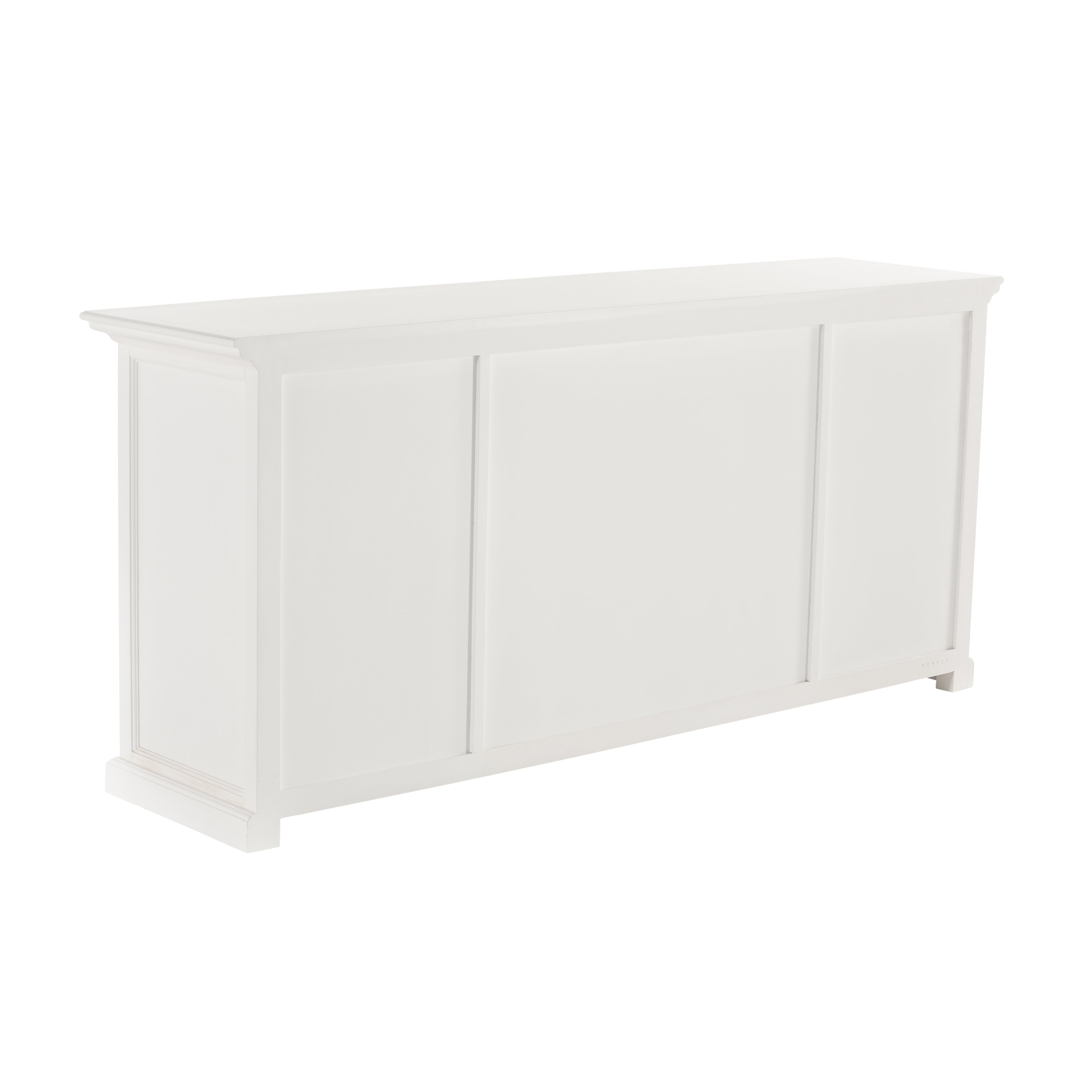 Slightly angled rear view of a white wooden buffet with 4 doors and 4 drawers with antique brass hardware.