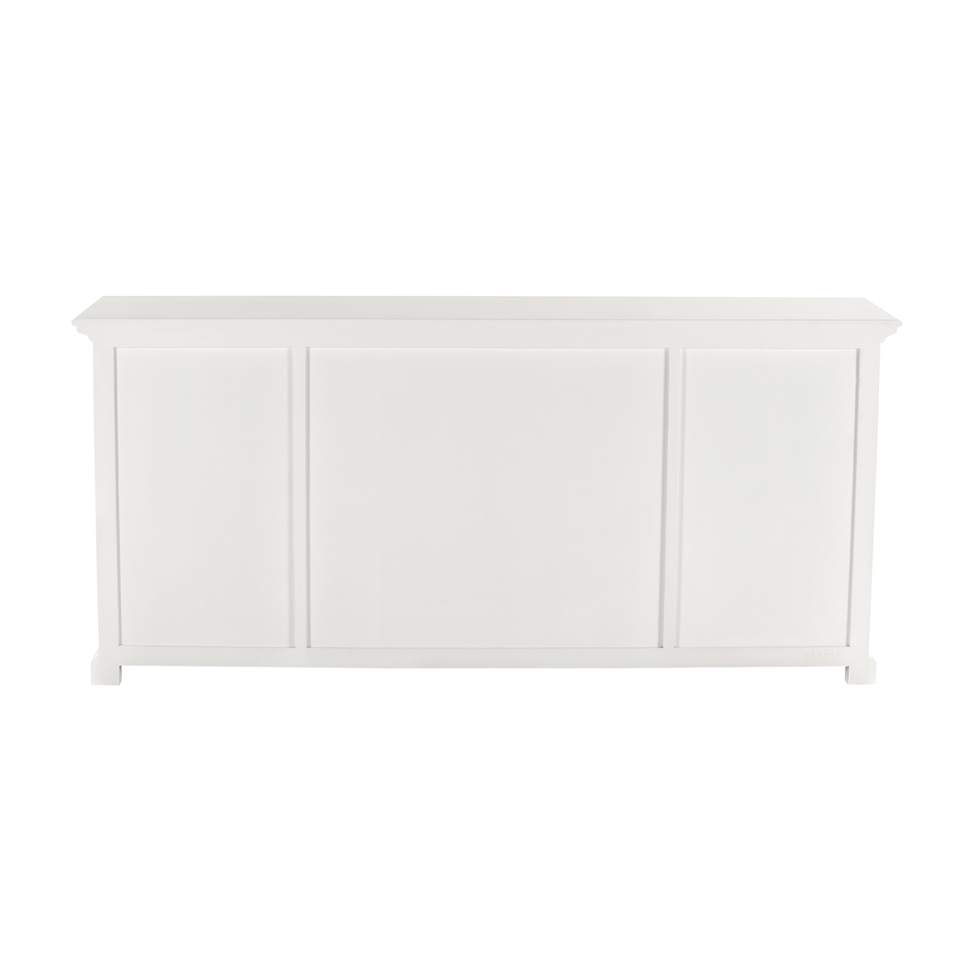 Rear view of a white wooden buffet with 4 doors and 4 drawers with antique brass hardware.