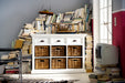 NovaSolo Halifax white wooden buffet with 6 baskets and 3 drawers with antique brass hardware