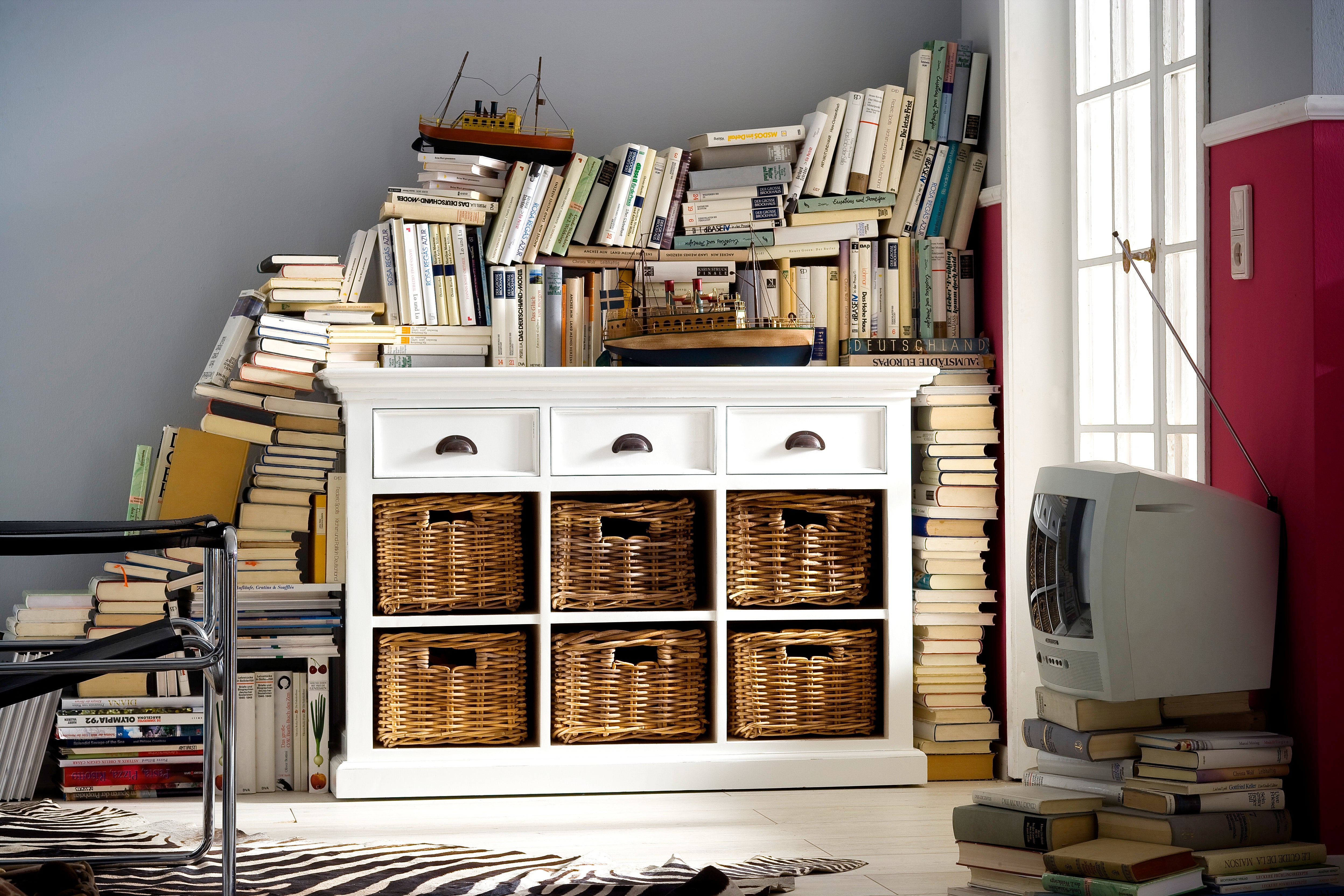 NovaSolo Halifax white wooden buffet with 6 baskets and 3 drawers with antique brass hardware