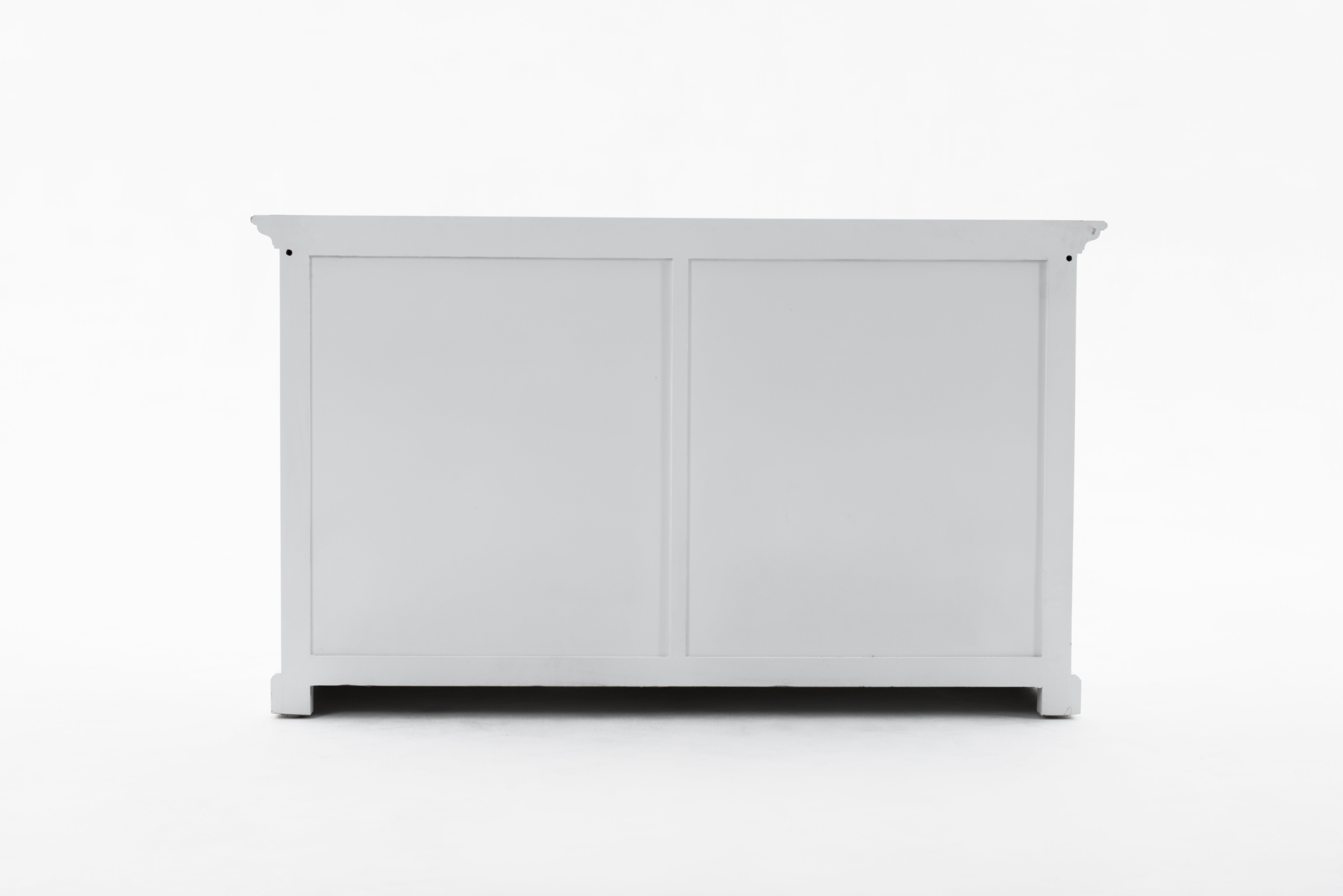 Rear view of white wooden buffet hutch base unit.