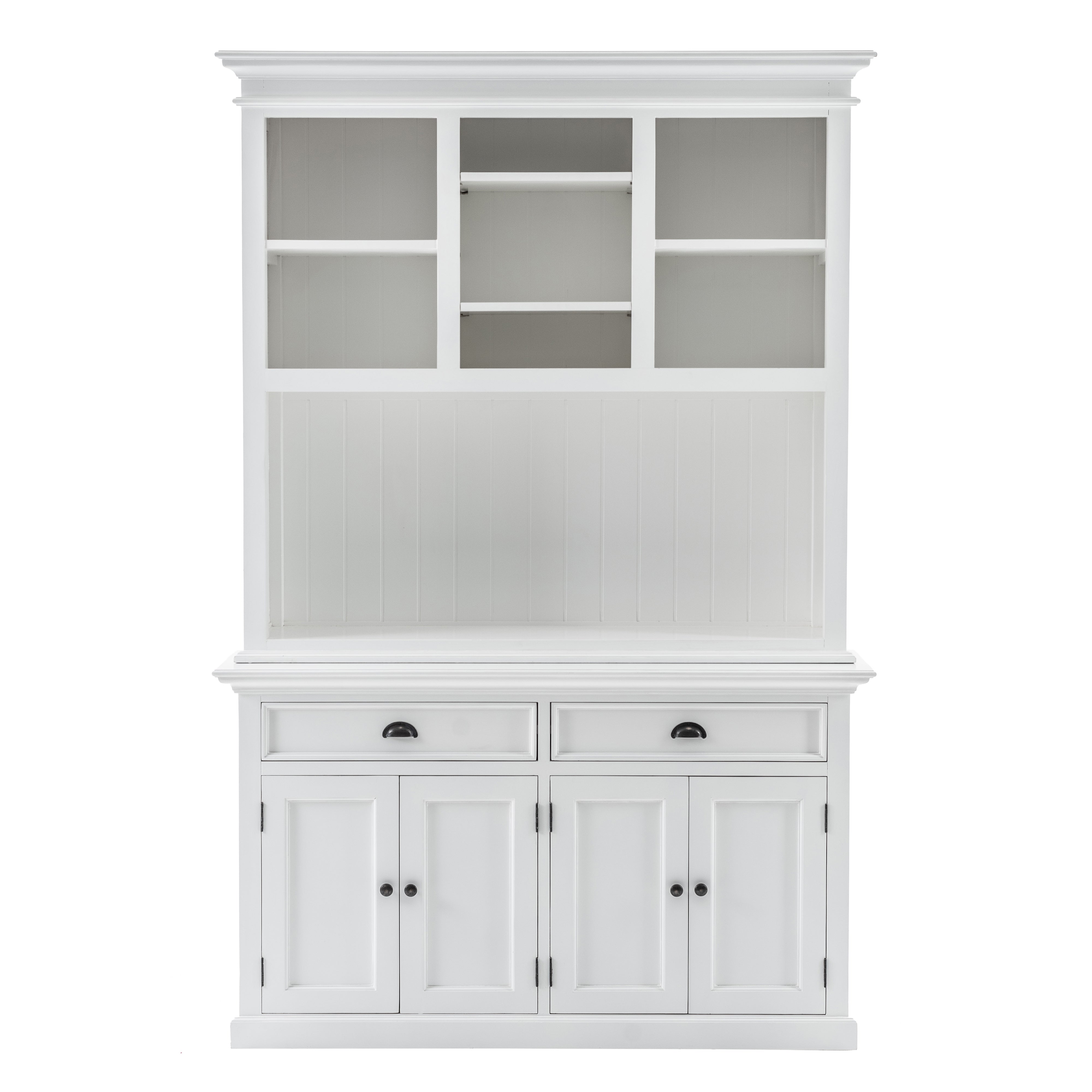 Front view of white wooden buffet hutch unit with 2 adjustable shelves, 4 doors and 2 drawers with antique brass hardware.