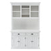 Front view of white wooden buffet hutch unit with 2 adjustable shelves, 4 doors and 2 drawers with antique brass hardware.