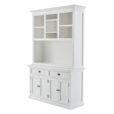 Slightly angled front view of white wooden buffet hutch unit with 2 adjustable shelves, 4 doors and 2 drawers with antique brass hardware.