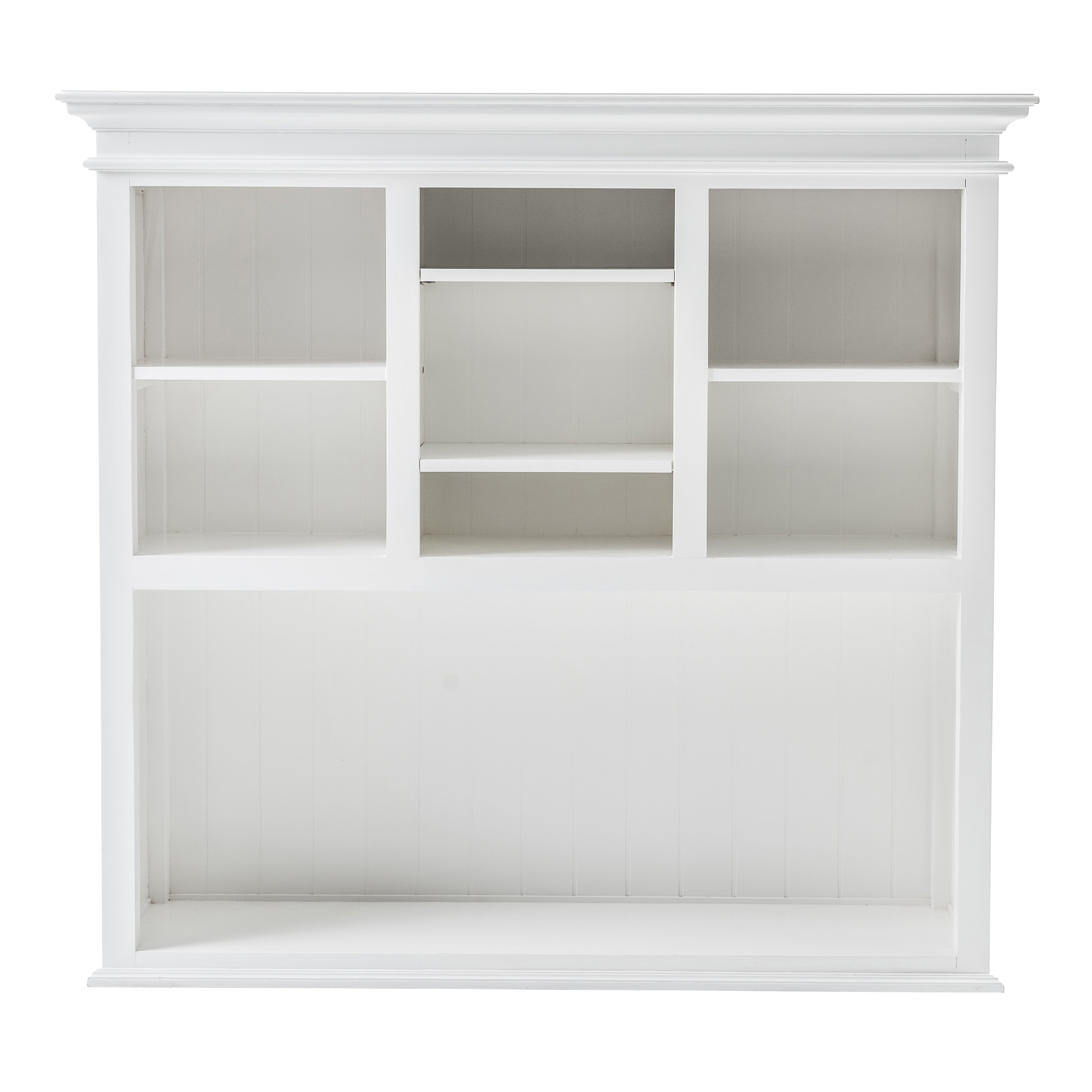 Front view of white wooden buffet hutch upper unit featuring an open central shelf and seven cubbies.
