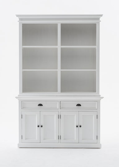 NovaSolo Halifax white wooden buffet hutch unit with 6 shelves, 4 doors and 2 drawers with antique brass hardware.