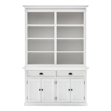 NovaSolo Halifax white wooden buffet hutch unit with 8 shelves, 4 doors and 2 drawers with antique brass hardware.