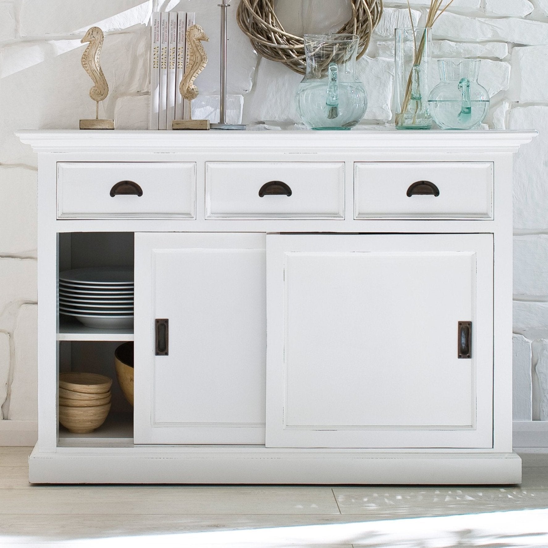 NovaSolo Halifax white wooden buffet with 2 sliding doors and 3 drawers with antique brass hardware