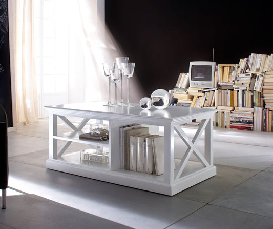 NovaSolo Halifax white wooden coffee table with 2 shelves and 1 adjacent storage area.