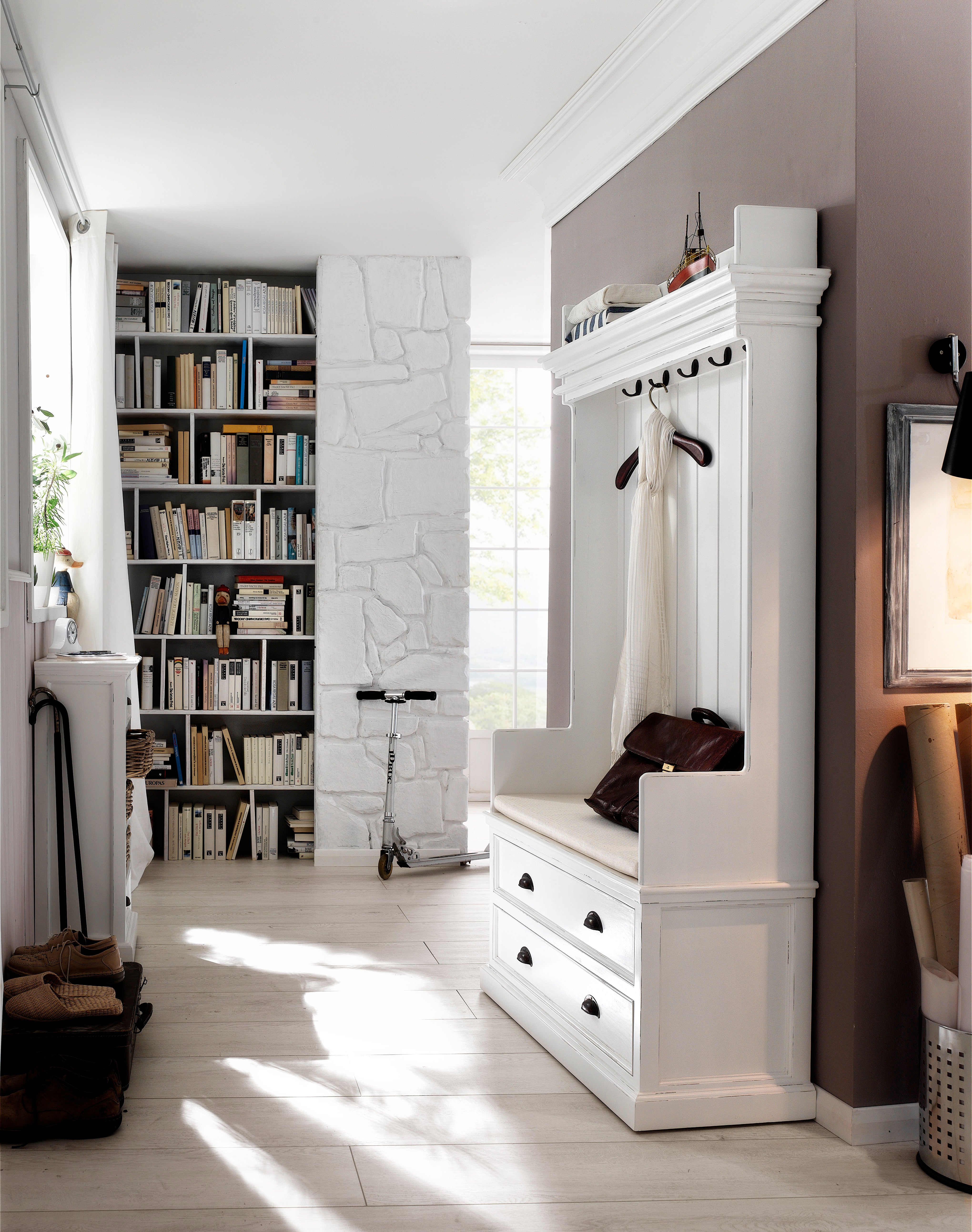 NovaSolo Halifax white wooden entryway coat rack and bench unit with 2 large drawers with antique brass hardware