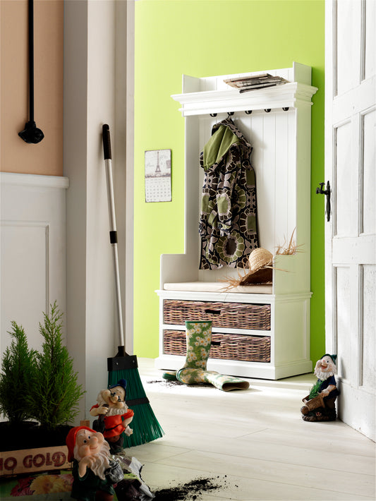 NovaSolo Halifax white wooden entryway coat rack and bench unit with  2 large rattan baskets