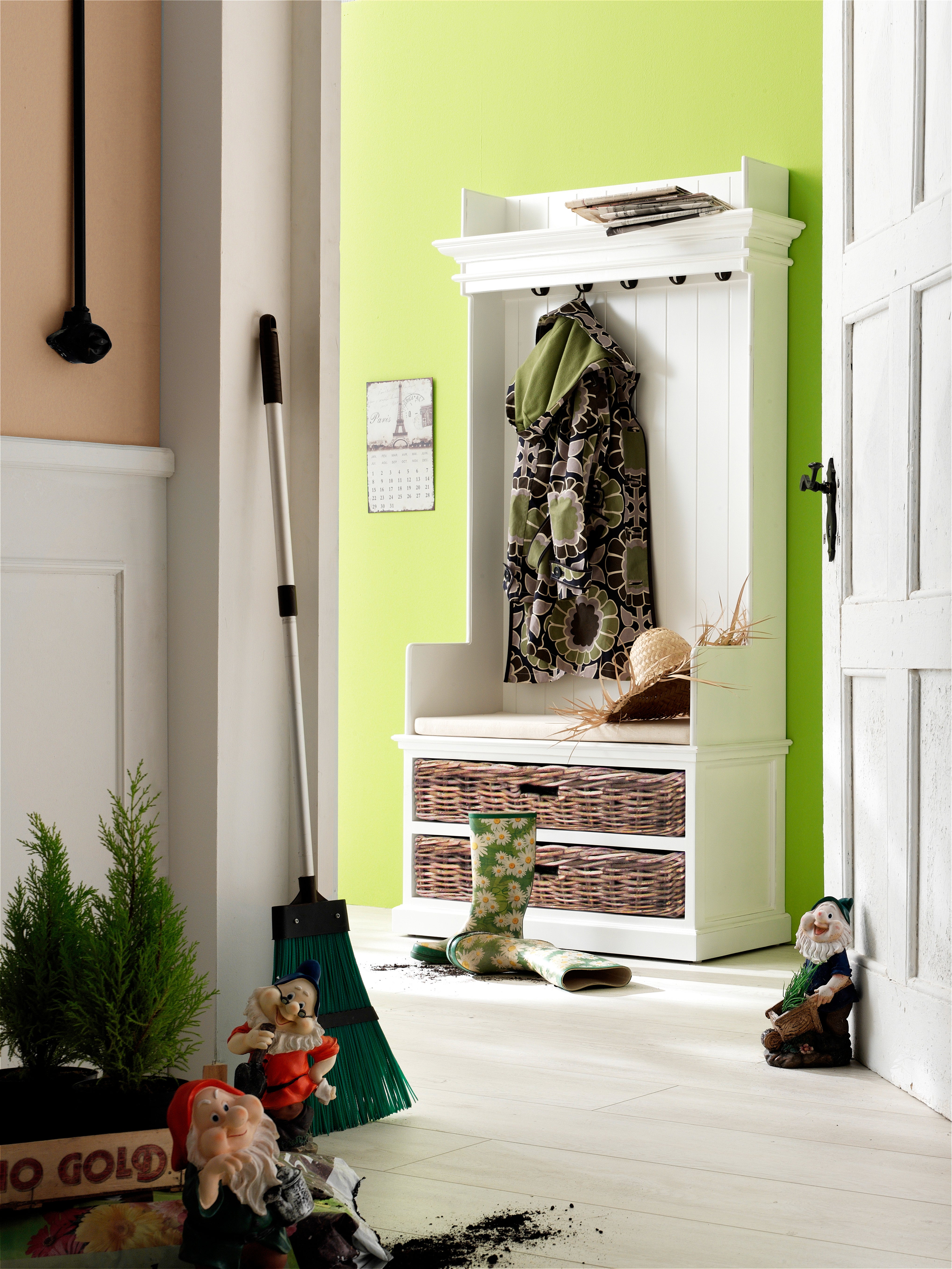 NovaSolo Halifax white wooden entryway coat rack and bench unit with  2 large rattan baskets