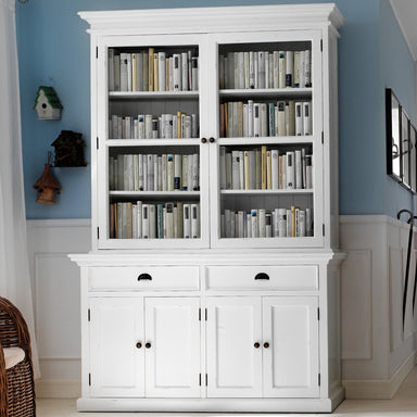 NovaSolo Halifax white wooden glass-display hutch unit featuring 4 wooden doors, 2 glass doors and 2 drawers with antique brass hardware.
