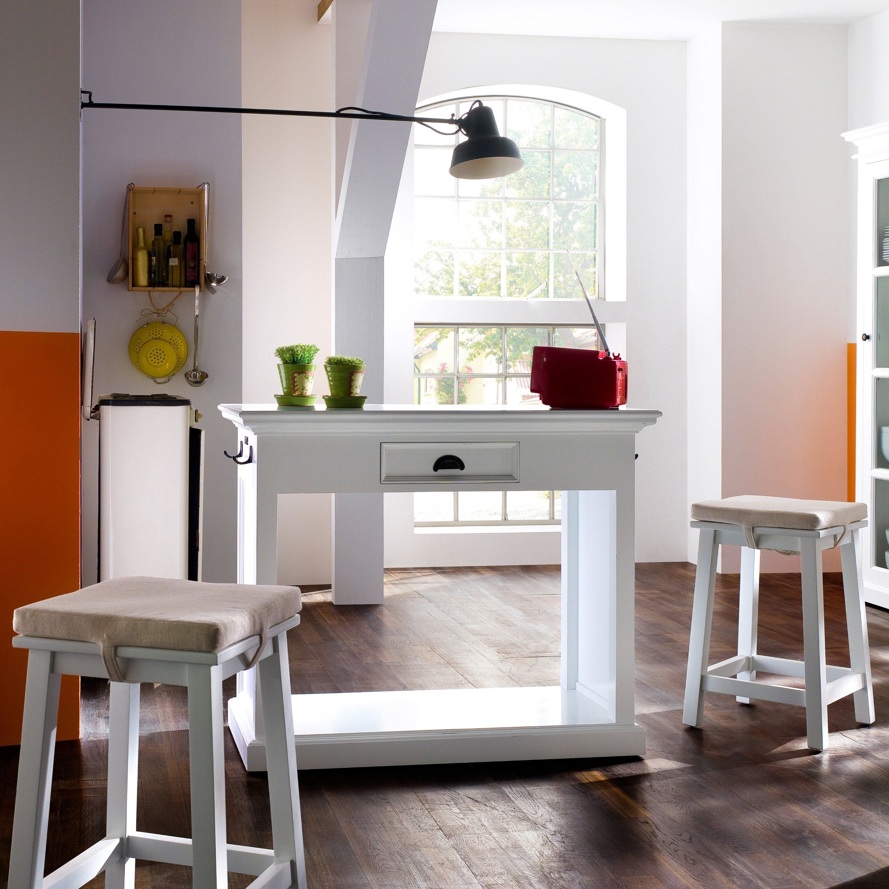 NovaSolo Halifax white wooden kitchen table set featuring 1 table and 2 stools with cushion covers.