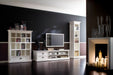 NovaSolo Halifax white wooden large entertainment unit with 2 shelves and 2 adjacent drawers with antique brass hardware.