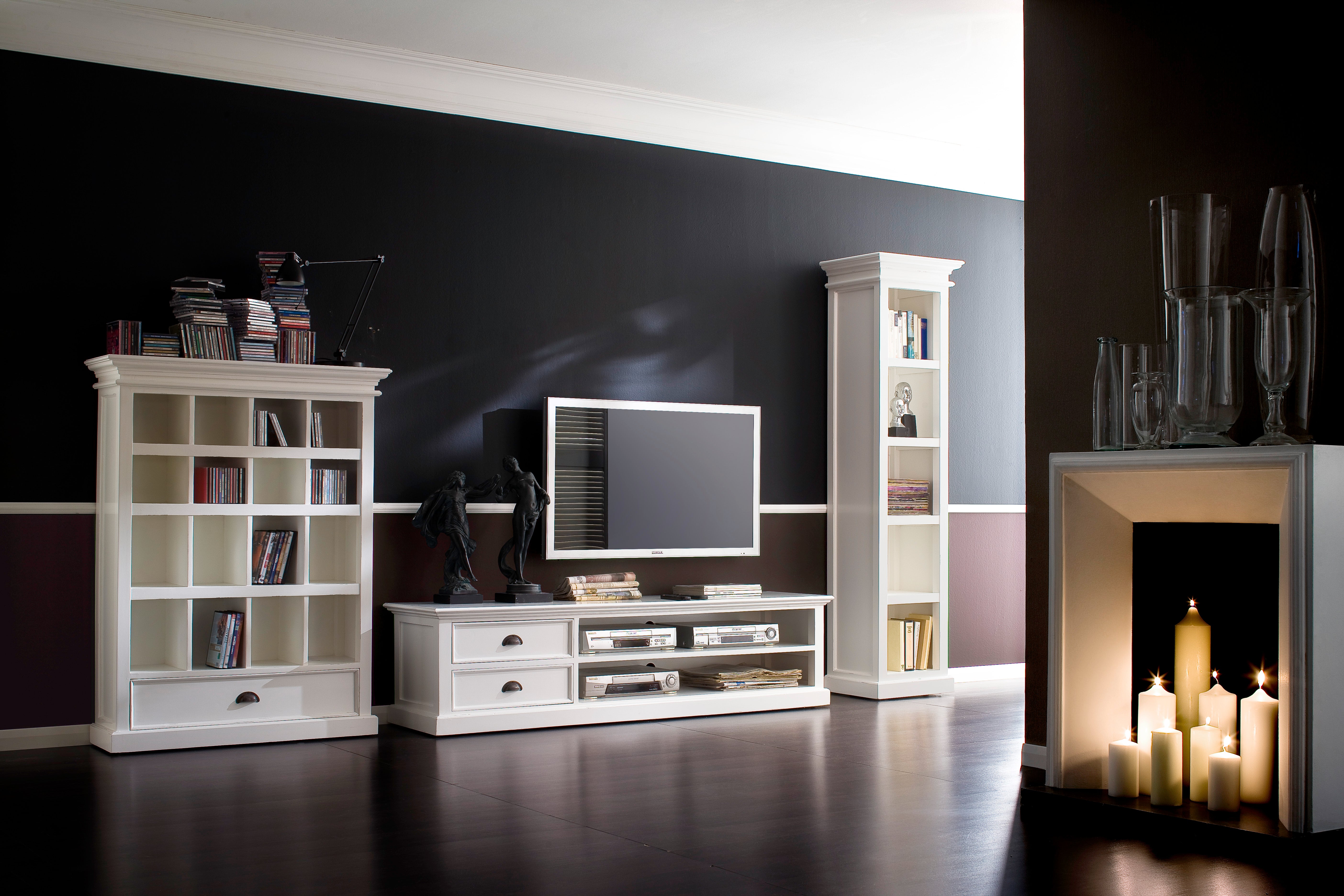 NovaSolo Halifax white wooden large entertainment unit with 2 shelves and 2 adjacent drawers with antique brass hardware.