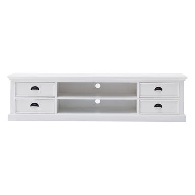 NovaSolo Halifax white wooden large entertainment unit with 2 shelves and 4 drawers with antique brass hardware.