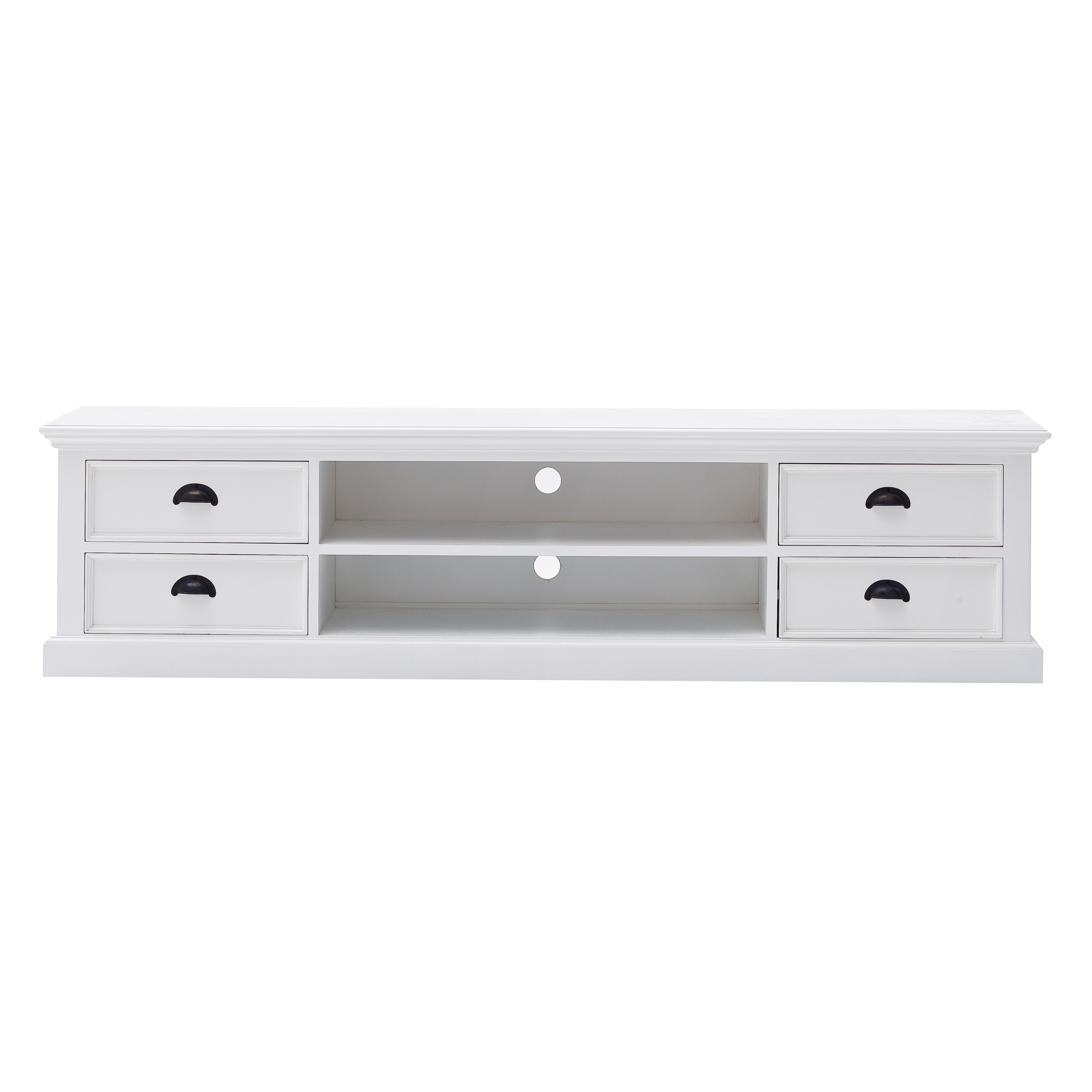 NovaSolo Halifax white wooden large entertainment unit with 2 shelves and 4 drawers with antique brass hardware.