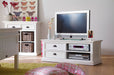 NovaSolo Halifax white wooden medium entertainment unit with 2 shelves and 2 adjacent drawers with antique brass hardware.